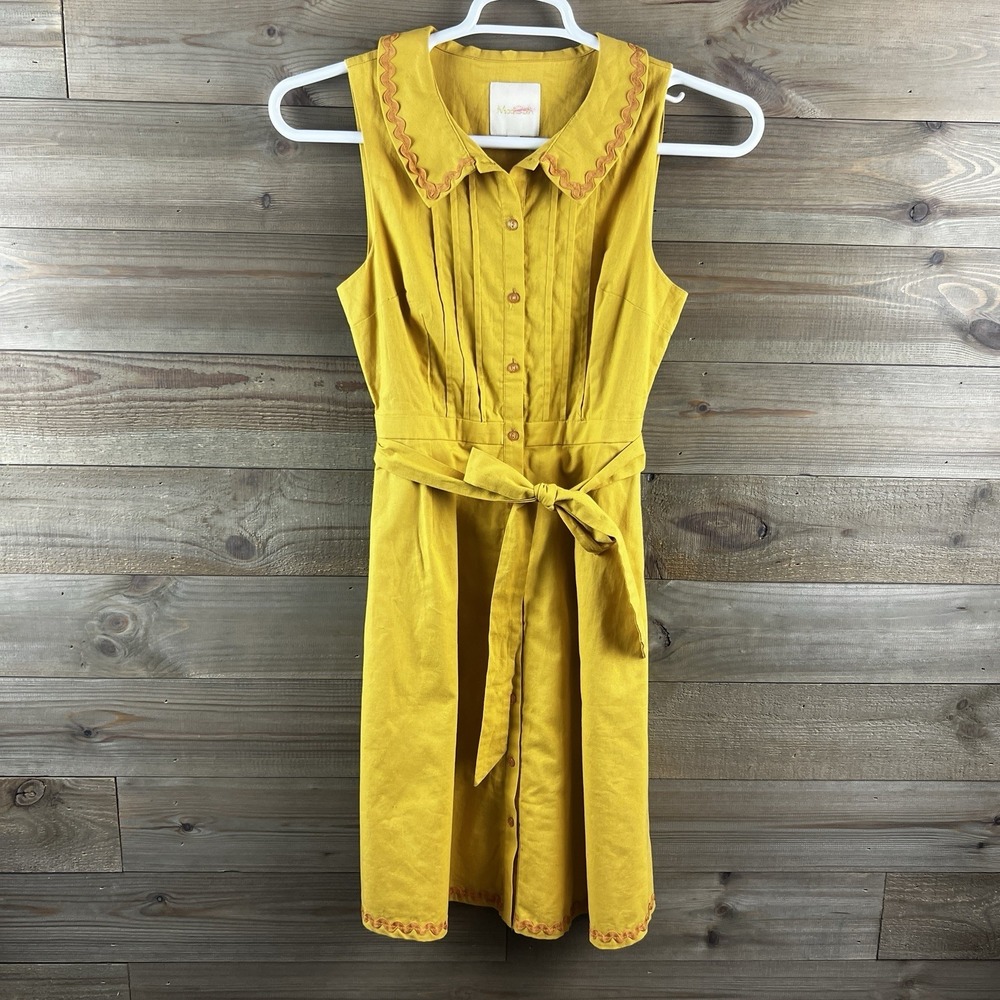 ModCloth Womens Dress Sleeveless Button Down Tie Waist Collared Mustard Small